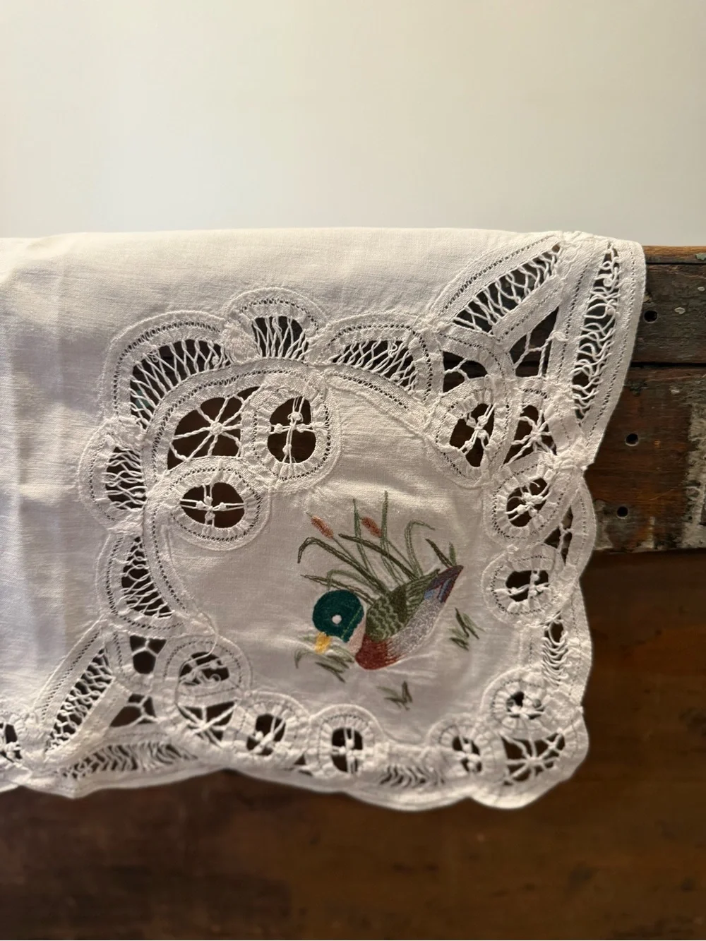 Hand-Embroidered Duck Linen Tablecloth- White